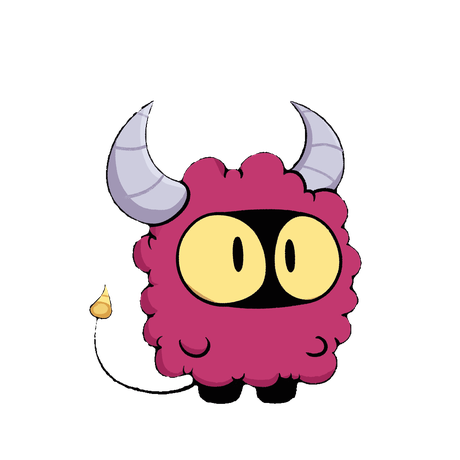 YAKK, the studio's fluffy pink mascot with cream horns and big yellow eyes